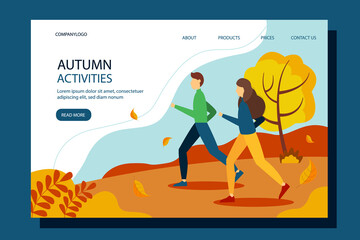 Man and woman running in the Park. Landing page template. Conceptual illustration of an active lifestyle, outdoor recreation. Autumn vector illustration in flat style.