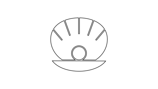 Black line Natural open shell with pearl icon isolated on white background. Scallop sea shell. Seashell sign. 4K Video motion graphic animation.