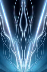 Abstract dark futuristic blue night background. Rays and lines, lightning, lights. Blue neon light, symmetrical reflection in water, energy. 3D illustration.