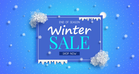 Winter sales banner with a seasonal cold weather and concept winter advertising illustration or background.