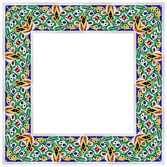 Frame composition of typical handcraft maroccan plaster decorations with with geometric and natural shape - concept image with copy space