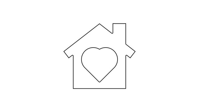 Black line House with heart inside icon isolated on white background. Love home symbol. Family, real estate and realty. 4K Video motion graphic animation.