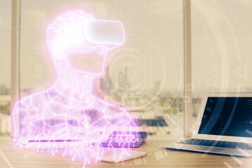 Computer on desktop with AR theme icon. Multi exposure. Concept of augmented reality.