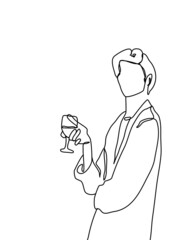 continuous line drawing, cheering, holding a glass of wine. vector illustration.