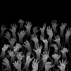 Zombie horror hands Halloween sketch / 3D illustration of gnarled sketched undead hands reaching up through darkness - 376404638