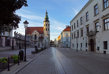 Cracow, old tenements and St Andrew Church in Grodzka street