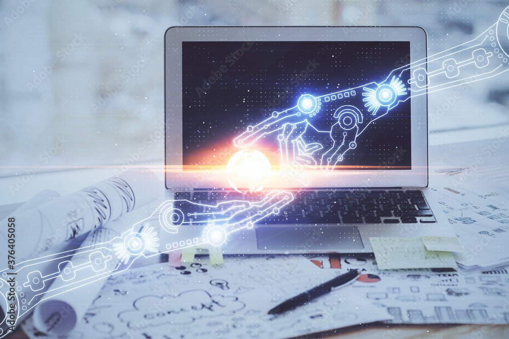 Poster double exposure of desktop computer and technology theme hologram. concept of software development.