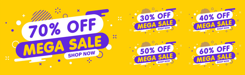 Naklejka na ściany i meble Sale banner, special offer and sale. Shop now or this weekend only. Up to 50 or 60 or 70 off. Discount, promotion, web banner, mega sale. Vector illustration.
