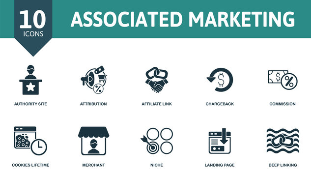Associated Marketing icon set. Collection contain affiliate, link, agreement, tracking, code, advertiser, viral, marketing, affiliate marketing and over icons. Associated Marketing elements set