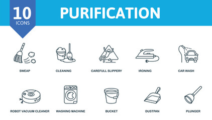 Purification icon set. Collection contain sweep, cleaning, gloves, vacuum and over icons. Purification elements set.