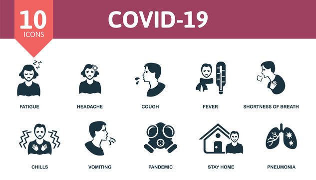 Covid-19 Icon Set. Collection Contain Fever, Headache, Chills, Fatigue And Over Icons. Covid-19 Elements Set.