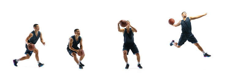 Dynamic. Young basketball player of team training in action, motion in jump of step-to-step goal isolated on white background. Concept of sport, movement, energy and dynamic, healthy lifestyle. - obrazy, fototapety, plakaty
