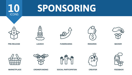 Sponsoring icon set. Collection contain marketplace, crowdfunding, social participation, creator and over icons. Sponsoring elements set.