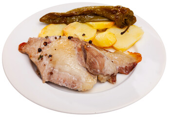 Healthy dinner pork steak baked in oven with potato and bell pepper. Isolated over white background