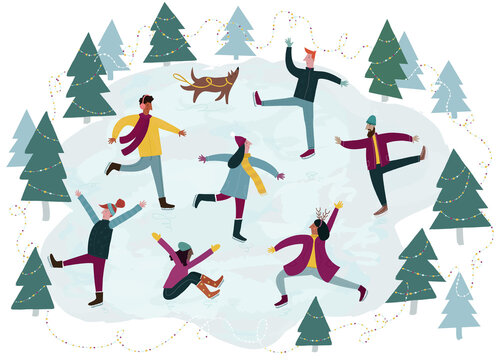 A group of people iceskating surrounded by trees with a white background