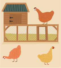 Three chickens and a chicken coop © Sally