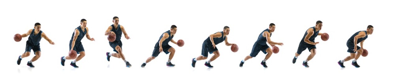Running on. Young basketball player of team training in action, motion in jump of step-to-step goal...