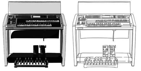 エレクトーン(電子オルガン)2段鍵盤＋足鍵盤を正面から見たイラスト　手書き