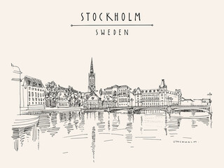 Vector Stockholm postcard. Panorama of Stockholm, Sweden, Scandinavia, Europe. Gamla Stan (Old town) travel sketch. Vintage touristic postcard, poster or book illustration in vector