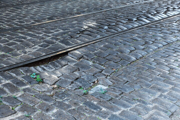 Broken pavements sidewalks on the sidewalk. pavement with paving slabs with defects and cracks...