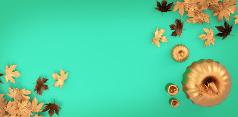 Obraz na płótnie Canvas Golden pumpkin halloween flat lay background. Autumn golden leaves on green background.Copy space mockup. 3D rendering
