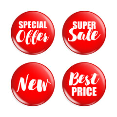 Special offer sale badge set, red realistic badges with discount price vector isolated illustration