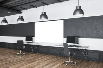 Coworking office interior with two empty billboards on wall.