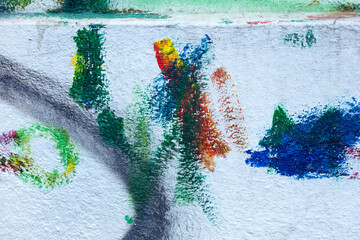 Background texture wall with peeling old paint. Old wooden background with remains of pieces of...