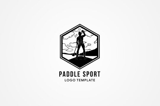 Kayak boat paddle pedal, silhouette black and white of river stream logo design template. isolated on grey white gradient horizontal background