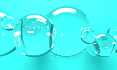 Abstract blue background with glass shining spheres on the wall. Backdrop design for product promotion. 3d rendering