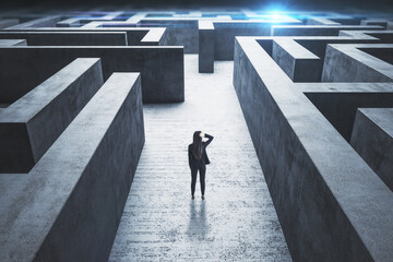 Businesswoman standing at entrance to a maze.