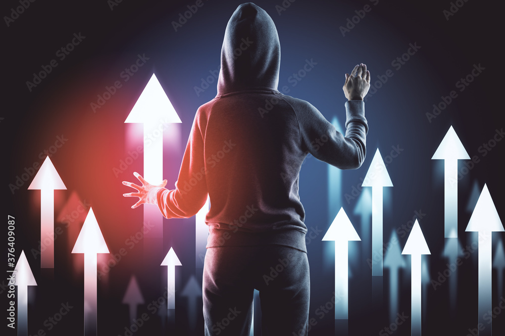 Poster Hacker in hoodie using abstract digital arrow.