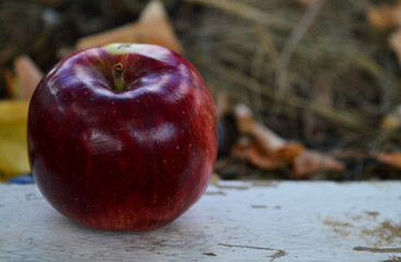 Ripe apple close-up on a naturally aged white board against a background of dry autumn grass