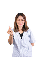 woman dental braces smile showing mini heart sign on white background