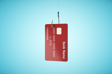 Credit card hanging on a hook on blue backgriund.