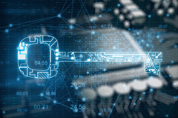 Glowing circuit key and world map interface.