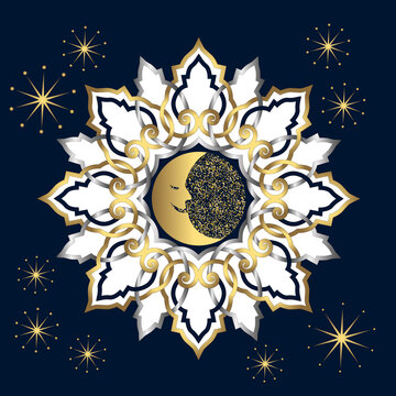 Image artistique et poétique d’un clair de lune au centre d’une rosace inspiré de motif russe - couleur bleu nuit, or et argent.