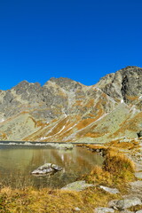 Fototapeta na wymiar Shore of a mountain lake in autumn under a clear sky