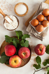 Ingredients for making autumn cake, Charlotte such as apples, flour, eggs, sugar. Autumn mood. recipes for sweet baking