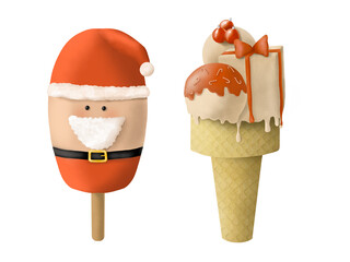 Ice cream characters isolated on white. Santa Claus popsicle. Bearded Santa with red hat. Merry christmas concept. Waffle cone christmas themed ice cream