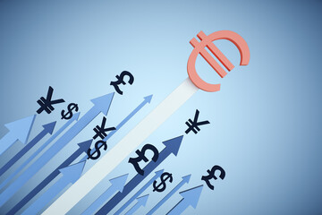 Red euro sign and dollar, yen, pound on many arrow