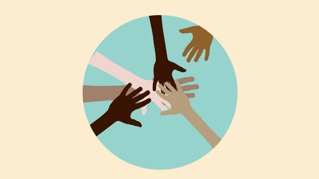 No to racism. Stop to racism and discrimination. Different races hands inside a circle. Cartoon, 2D animation. Gif footage 4k