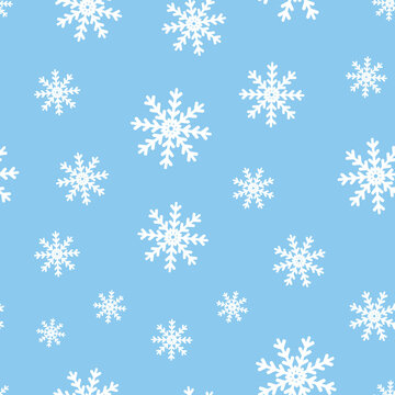 White snowflakes on a blue background. Seamless vector repeat pattern. Great for holidays, christmas, home decor, wrapping, fashion, scrapbooking, wallpaper, gift, kids, apparel.