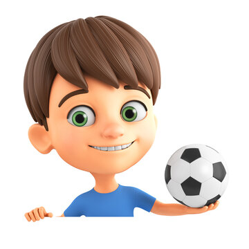 Cartoon character little boy holding a ball leaning against a blank board on a white background. 3d render illustration for advertising.