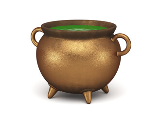 Cauldron of witches with green potion on a white background. Halloween icon isolated background. 3d render illustration.