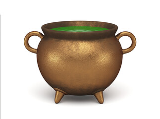 3d render illustration. Cauldron of witches with green potion on a white background. Halloween icon isolated background.