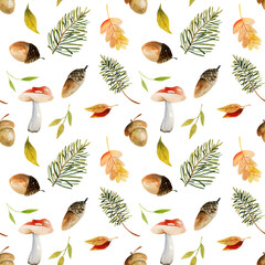 Seamless pattern of watercolor autumn tree leaves, pine branches, acorns and mushrooms;  hand painted illustration on a white background