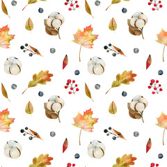 Seamless pattern of watercolor autumn tree leaves, cotton flowers and forest berries;  hand painted illustration on a white background