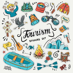 Vector set with cartoon stickers on the theme of tourism and travel. Colorful doodles of camping equipment, clothing, wild birds, nature - 376412806