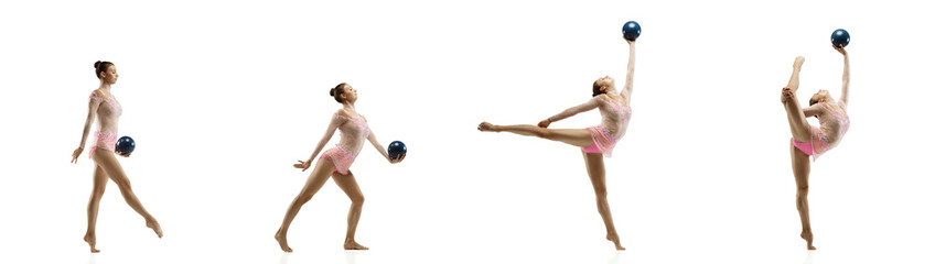 Balance. Little flexible girl isolated on white studio background. Little female rhythmic...